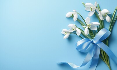 Fototapeta premium Snowdrop flowers bouquet with blue ribbon on light blue background