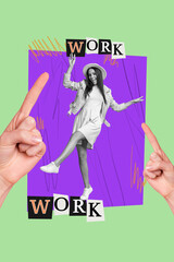 Template poster collage of person finger point on green background with work text