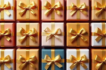 Elegant gold ribbon tied gift boxes, repeating pattern, ornate, joyful, happy