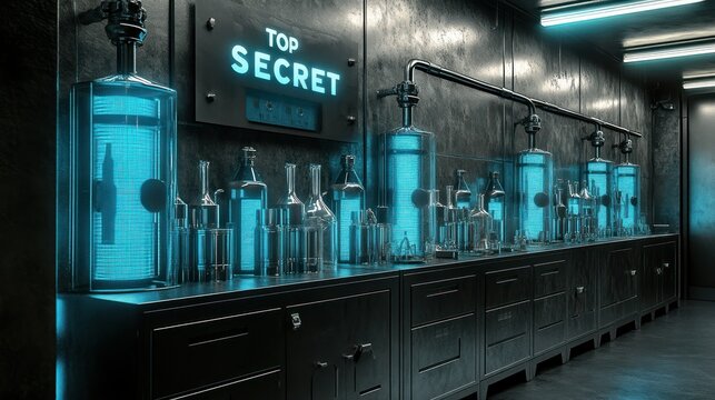Secret laboratory filled with glowing bottles and futuristic equipment - Powered by Adobe