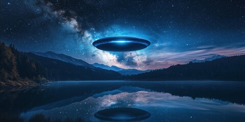 Obraz premium UFO hovering over tranquil lake under starry night sky with mountains in background
