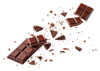 bar of chocolate is breaking into pieces with crumbs falling around creating dynamic scene