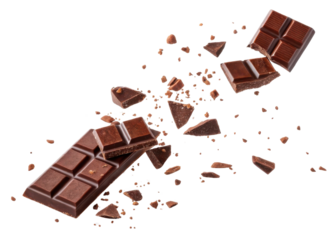 bar of chocolate is breaking into pieces with crumbs falling around creating dynamic scene