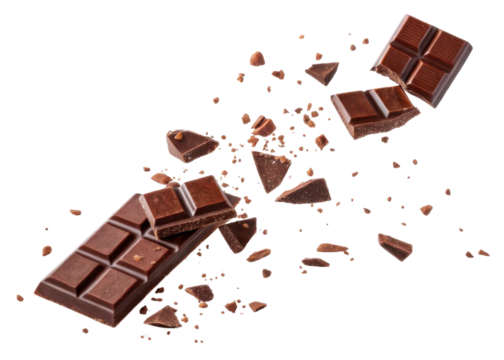 bar of chocolate is breaking into pieces with crumbs falling around creating dynamic scene