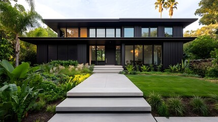 Fototapeta premium Eco-Friendly Smart Home Surrounded by Lush Greenery in Contemporary Design