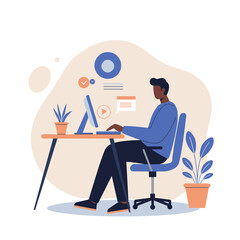 Young man working at a computer in a home office for productivity, technology, and creative work
