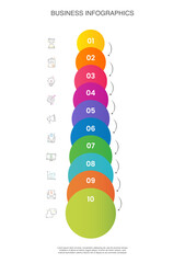Business vector infographics with 10 circles and arrows. Timeline visualization with ten steps for diagram, flowchart, banner, presentations, web, content, levels, chart, graphic