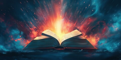 Open book radiating light and energy in cosmic explosion background