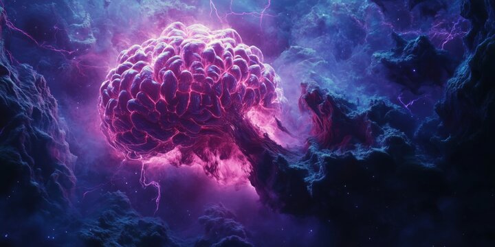 Cosmic brain illustration with vibrant colors and ethereal clouds in space