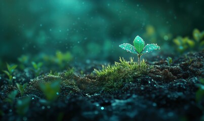 Vibrant green seedling with dew drops emerging from rich soil in serene environment
