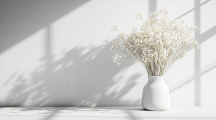 Delicate white dried flowers in elegant vase minimalist interior soft natural light serene concept