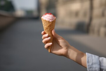 Female Hand Holding Strawberry Ice Cream Cone in Summer Sunshine
