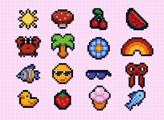 Set of summer pixel art speech bubbles and icons. Retro game style dialogue box and elements vector collection. Pixels Y2k trendy playful stickers. 8bit. Mood of 90's aesthetics