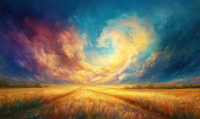 Vibrant sunset sky over golden wheat field with dramatic clouds and colors