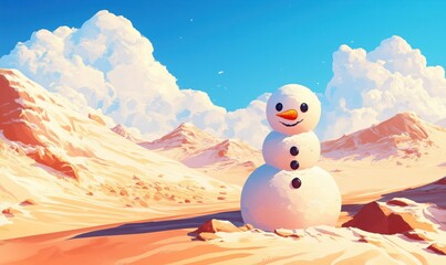 Obraz premium Snowman in desert landscape with mountains and blue sky