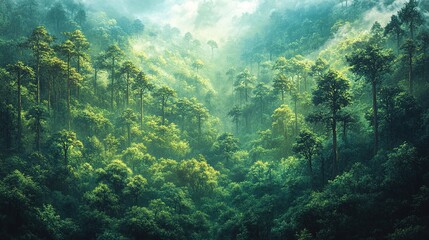 Fototapeta premium Lush Green Forest Landscape with Misty Sunlight and Dense Tree C