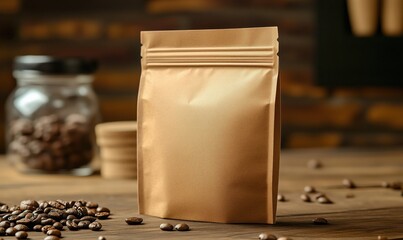 Brown coffee packaging bag on wooden table with coffee beans and jar in background