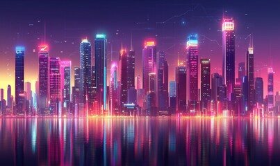 Futuristic city skyline at dusk with vibrant neon lights and reflections