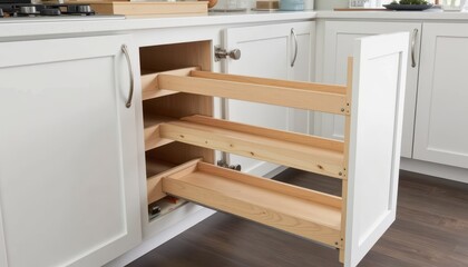 Fototapeta premium A compact kitchen with a pull out pantry and hidden drawer pulls.
