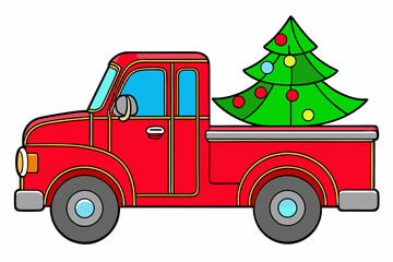 red truck with Christmas tree