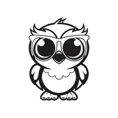 Black and White Cartoon Owl with Big Eyes and Glasses, Simple Line Art Style Design