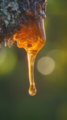 Golden tree resin dripping from bark in sunlight captured in extreme macro nature scene with soft bokeh