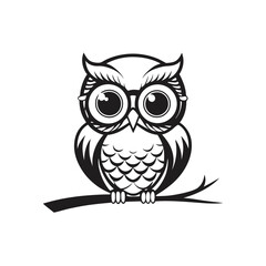 Black and White Owl on Branch, Simple Line Art Design, Minimalist Graphic