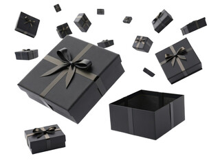 Black gift boxes with elegant ribbons float in mid air creating sense of celebration and surprise