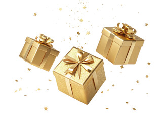 Golden gift boxes with ribbons and scattered stars create festive atmosphere