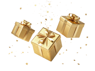 Golden gift boxes with ribbons and scattered stars create festive atmosphere