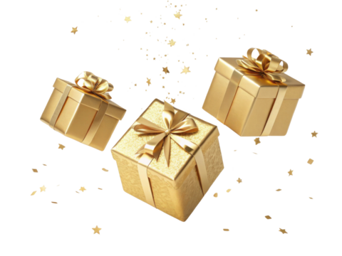 Golden gift boxes with ribbons and scattered stars create festive atmosphere