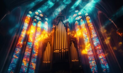 Majestic church organ illuminated by colorful stained glass windows and ethereal light