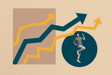 Poster banner collage of person win stand near arrows graphs on pastel background