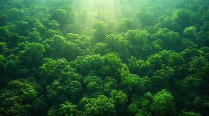 Obraz premium Lush green forest canopy. Sunlight filters through dense foliage. Aerial view