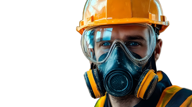 Safety First. Construction worker equipped with a full face respirator topaz concept