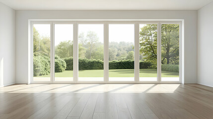 Fototapeta premium Bright Empty Room With Large Windows And Garden View