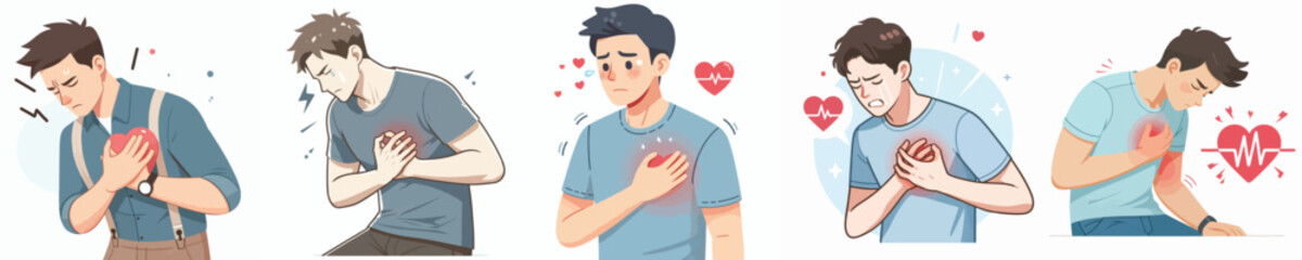 collection of flat design vectors of a young man with chest pain
