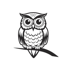 Stylized Owl Detailed Feathers, Wide Eyes, On Branch, Black and White