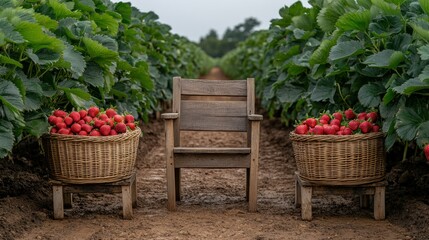 Wooden chair amidst strawberry field