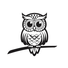 Stylized Owl on Branch Black and White Illustration, Line Art, Isolated, Bird Design
