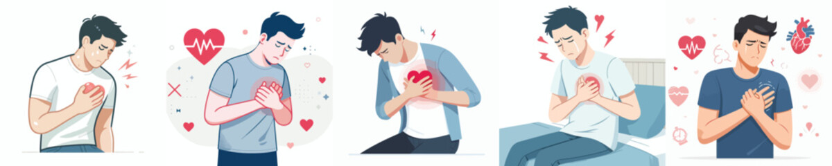 collection of flat design vectors of a young man with chest pain
