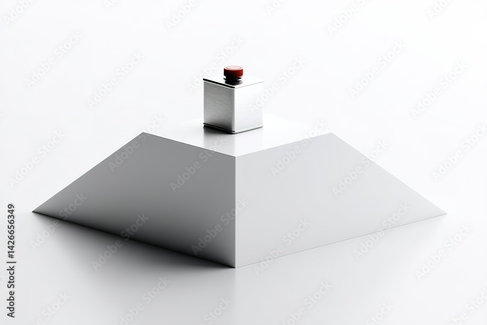 Poster sleek modern art installation featuring pyramid-shaped base and cubical structure with red button on