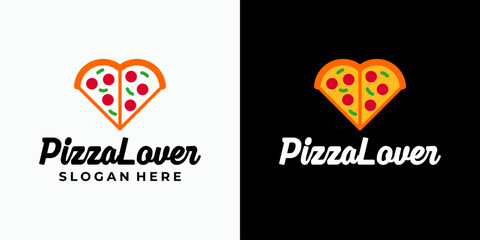 Pizza vector logo design in heart shape with modern, simple, clean and abstract style. Icon for business, food & drink, kitchen and personal branding.
