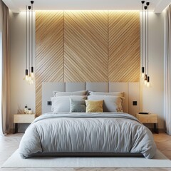 eclectic guest room, light gray bedding, wood decorative wall panel, compact layout, soft lighting, warm tones, cozy feel
