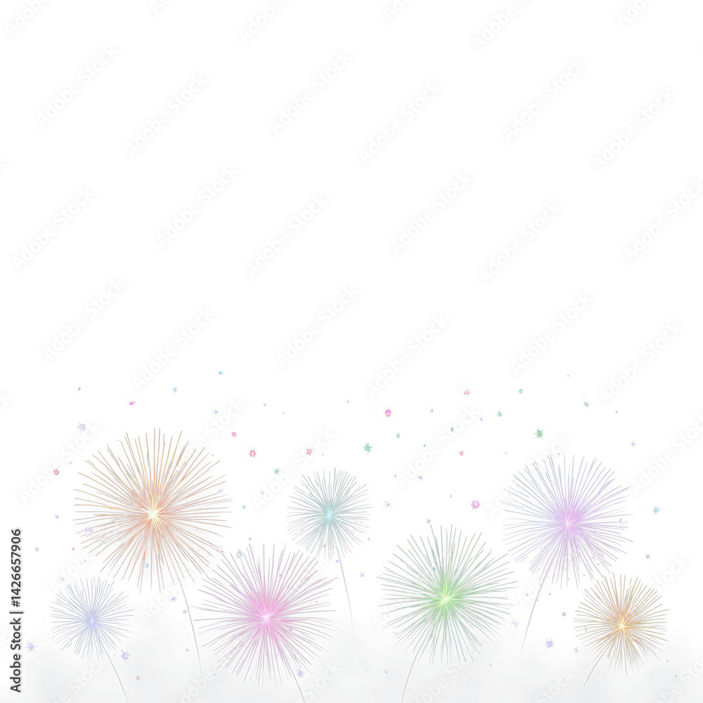 Poster Colorful fireworks burst with sparkling effects on transparent background creating festive and joyful atmosphere