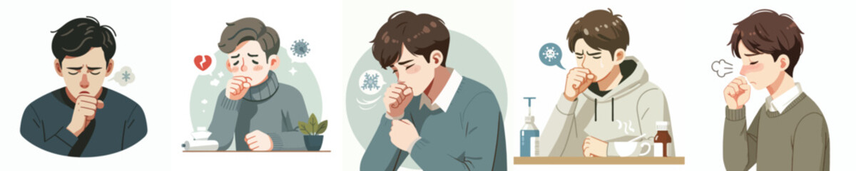 flat design vector collection of a young man with a cough