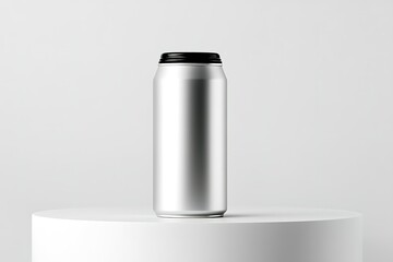 Sleek aluminum can displayed on a minimalist pedestal showcasing modern beverage packaging design