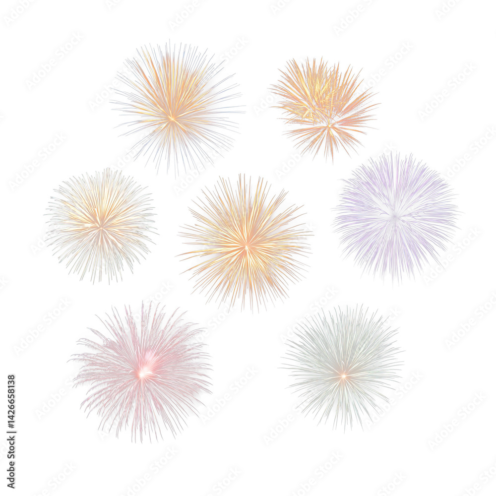 Poster Colorful fireworks burst on transparent background creating festive and joyful atmosphere with vibrant light and celebration energy