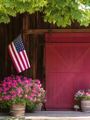 An antique American flag displayed on a weathered barn wall, representing history and tradition.
