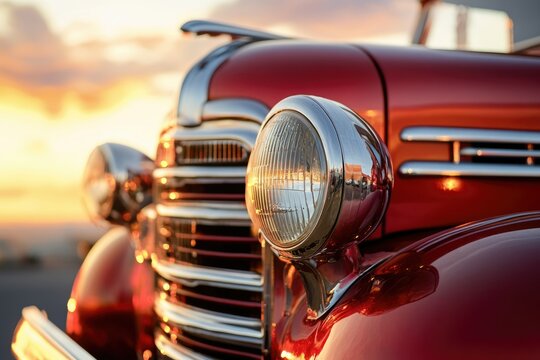 Fototapeta Classic red vintage car gleaming at sunset, showcasing its chrome details and elegant design.
